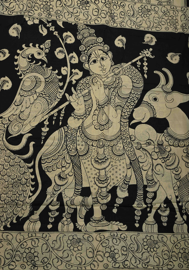 Krishna Pichwai & Dancing Queens Theme: Beige Art Silk Saree With Kalamkari Digital Print