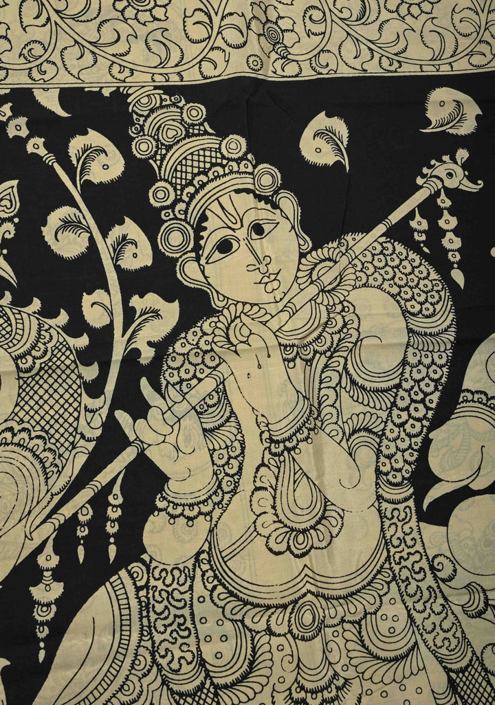 Krishna Pichwai & Dancing Queens Theme: Beige Art Silk Saree With Kalamkari Digital Print