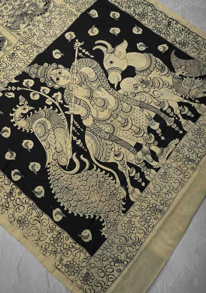 Krishna Pichwai & Dancing Queens Theme: Beige Art Silk Saree With Kalamkari Digital Print
