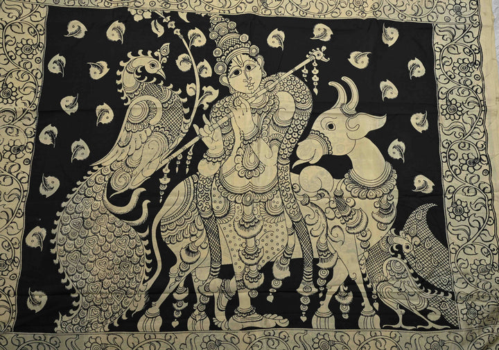 Krishna Pichwai & Dancing Queens Theme: Beige Art Silk Saree With Kalamkari Digital Print