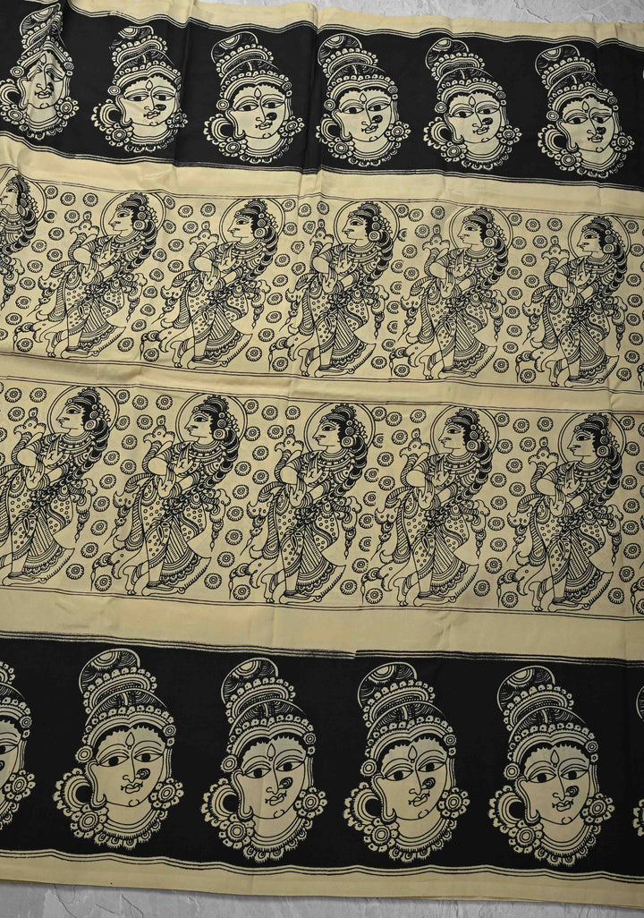 Krishna Pichwai & Dancing Queens Theme: Beige Art Silk Saree With Kalamkari Digital Print