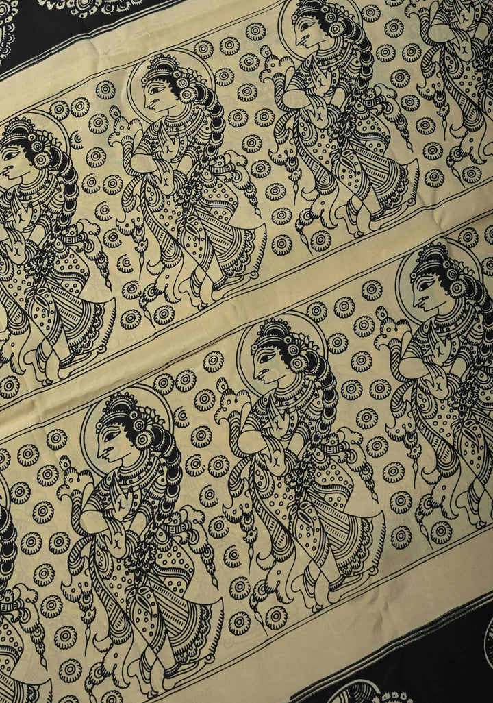 Krishna Pichwai & Dancing Queens Theme: Beige Art Silk Saree With Kalamkari Digital Print
