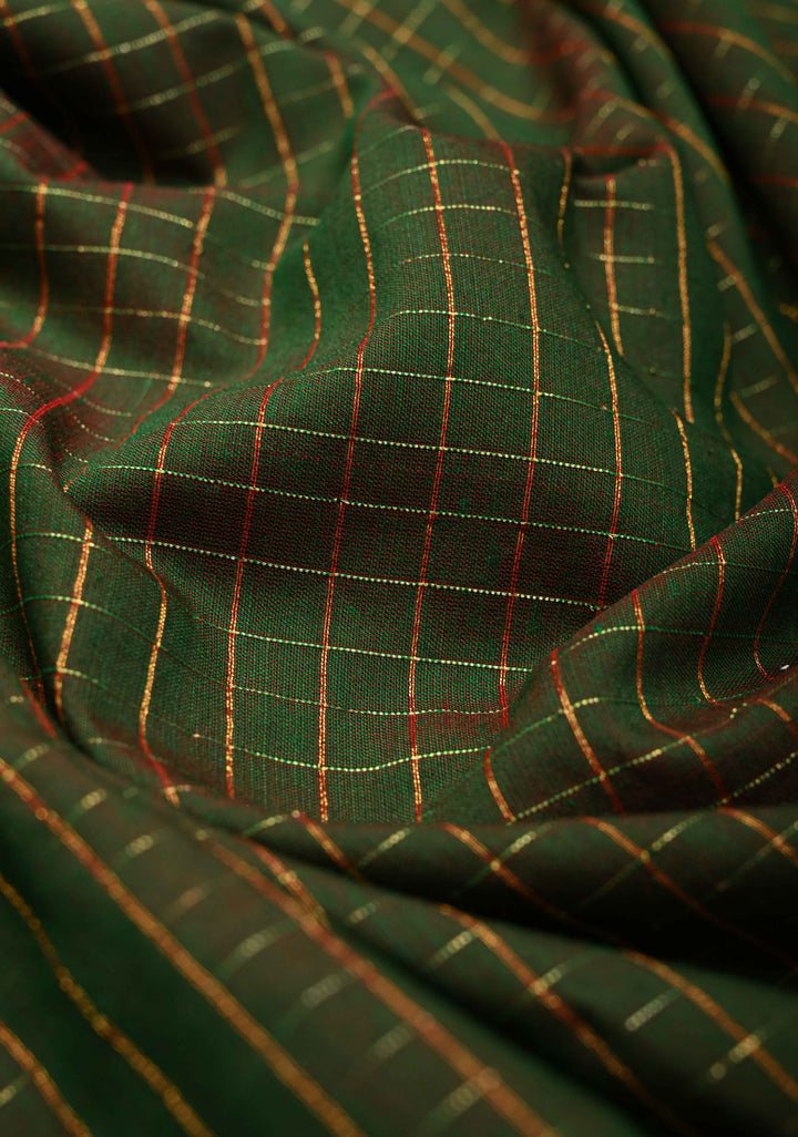 Green Dual tone Cotton Silk Saree with Zari Checks Pattern and Contrast Zari Border