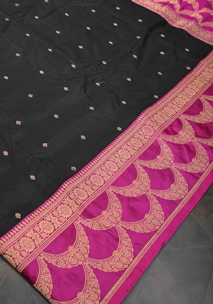 Black and Pink Banarasi Katan Silk Saree with Chunri Buttas & Scalloped border | SILK MARK CERTIFIED