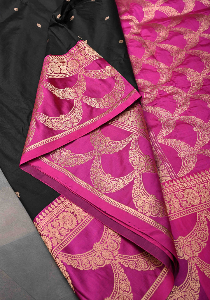 Black and Pink Banarasi Katan Silk Saree with Chunri Buttas & Scalloped border | SILK MARK CERTIFIED