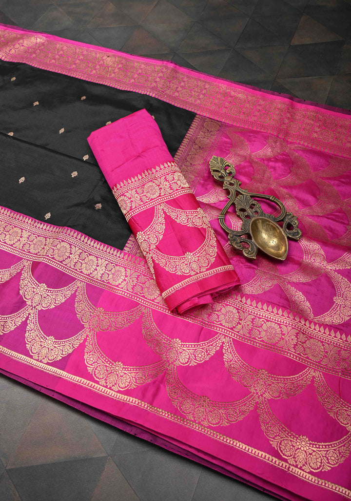 Black and Pink Banarasi Katan Silk Saree with Chunri Buttas & Scalloped border | SILK MARK CERTIFIED