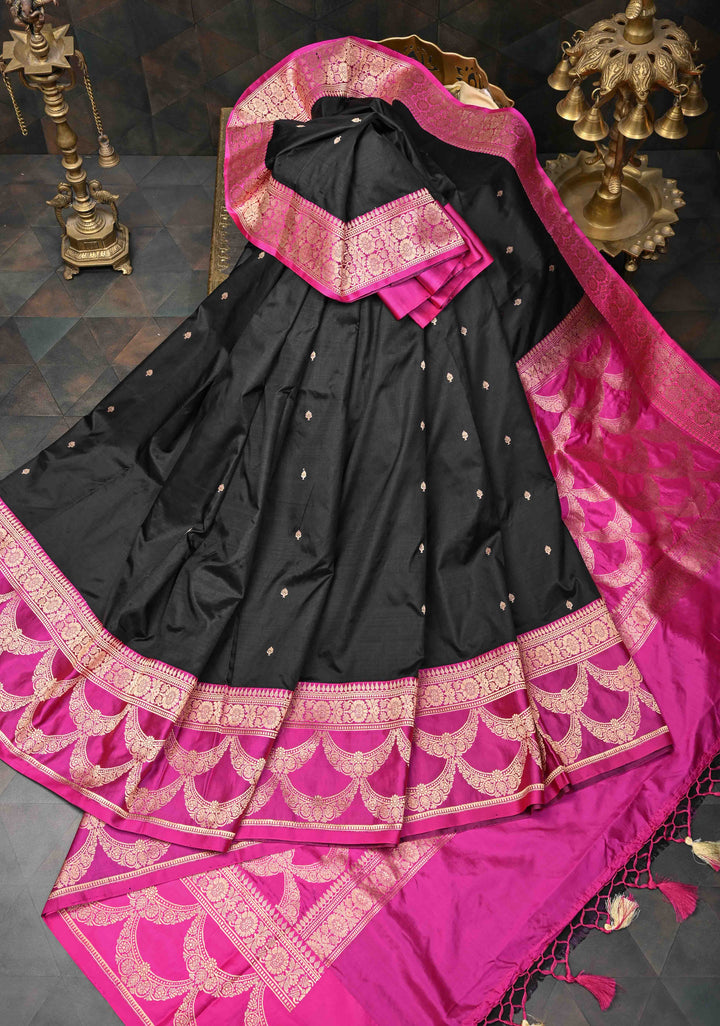 Black and Pink Banarasi Katan Silk Saree with Chunri Buttas & Scalloped border | SILK MARK CERTIFIED