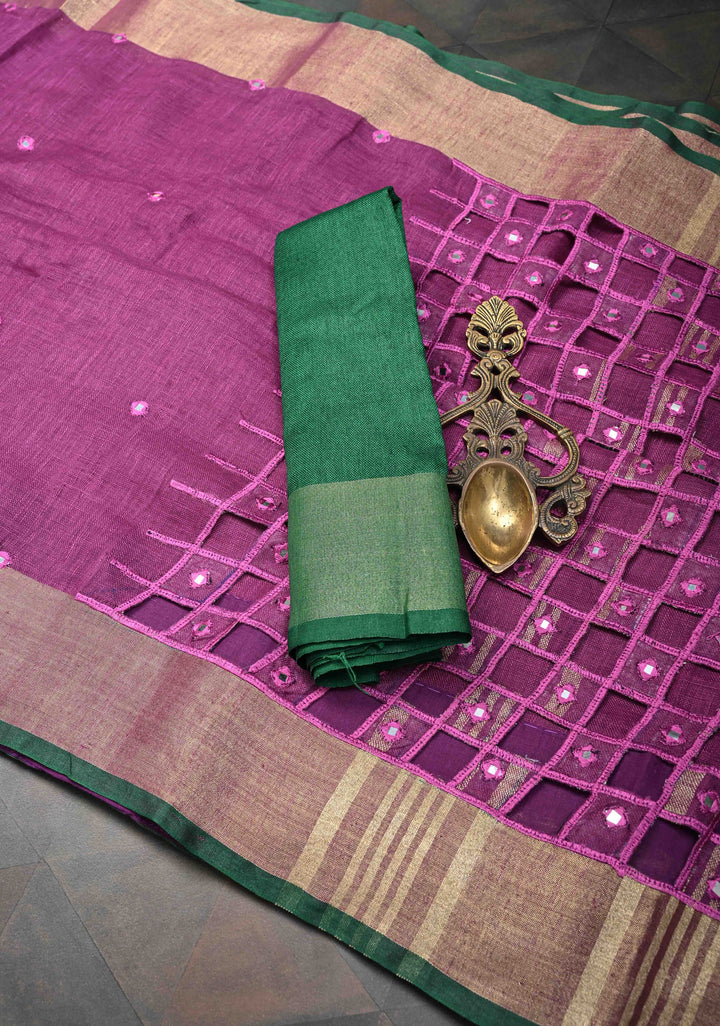 Jaali Pallu - Linen by Linen Cutwork and Mirrorwork Saree in Magenta and Zari Border