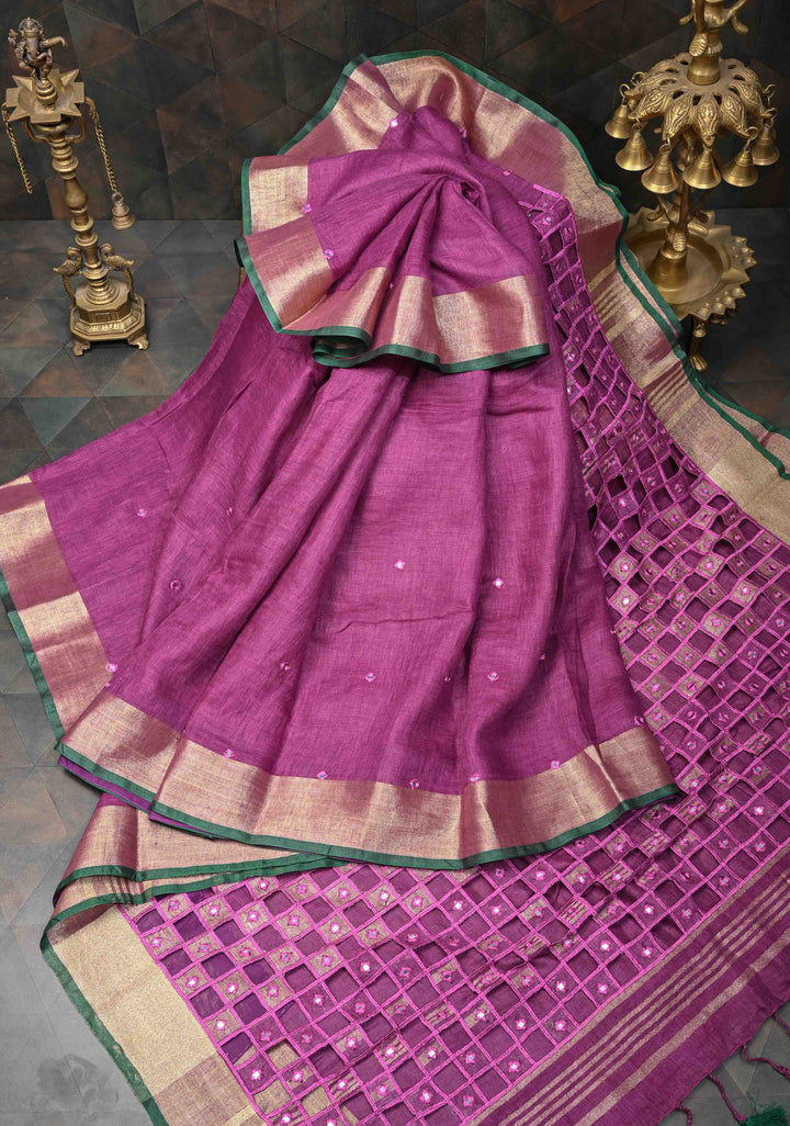 Jaali Pallu - Linen by Linen Cutwork and Mirrorwork Saree in Magenta and Zari Border