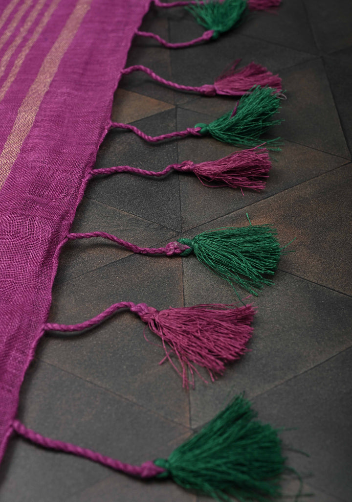 Jaali Pallu - Linen by Linen Cutwork and Mirrorwork Saree in Magenta and Zari Border