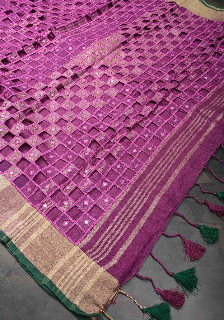 Jaali Pallu - Linen by Linen Cutwork and Mirrorwork Saree in Magenta and Zari Border