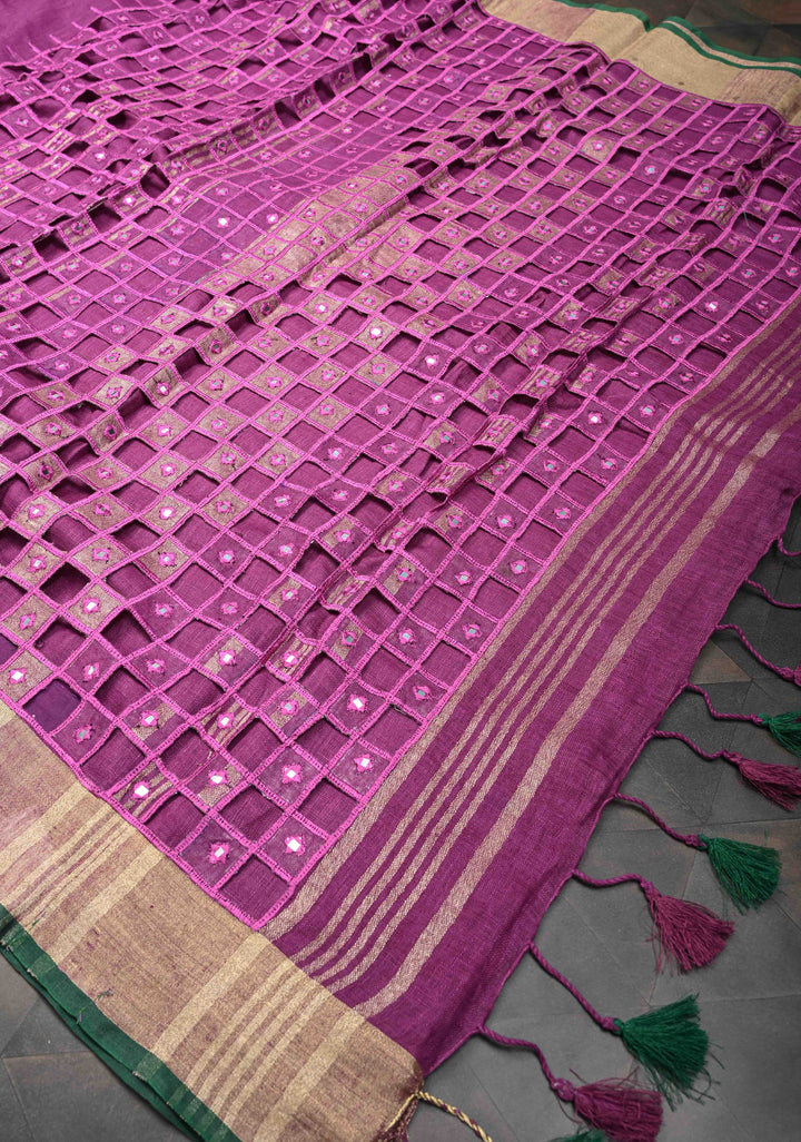 Jaali Pallu - Linen by Linen Cutwork and Mirrorwork Saree in Magenta and Zari Border