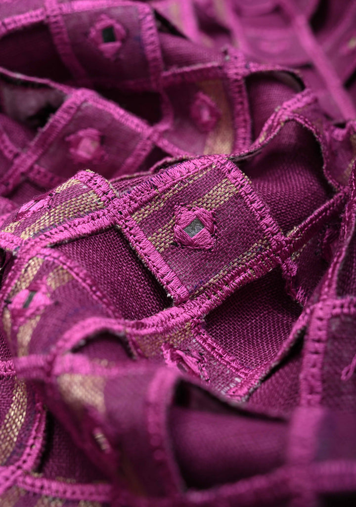 Jaali Pallu - Linen by Linen Cutwork and Mirrorwork Saree in Magenta and Zari Border