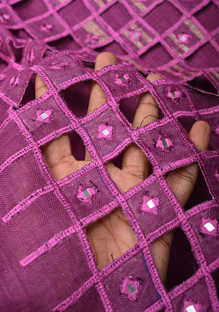 Jaali Pallu - Linen by Linen Cutwork and Mirrorwork Saree in Magenta and Zari Border