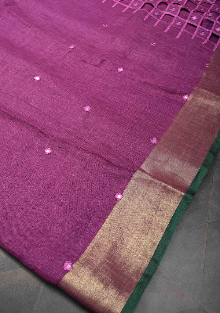 Jaali Pallu - Linen by Linen Cutwork and Mirrorwork Saree in Magenta and Zari Border