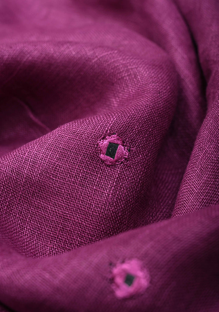 Jaali Pallu - Linen by Linen Cutwork and Mirrorwork Saree in Magenta and Zari Border