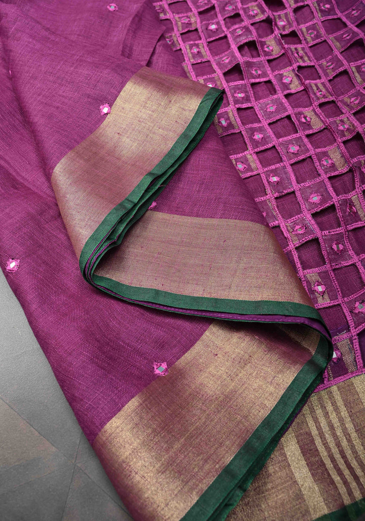 Jaali Pallu - Linen by Linen Cutwork and Mirrorwork Saree in Magenta and Zari Border