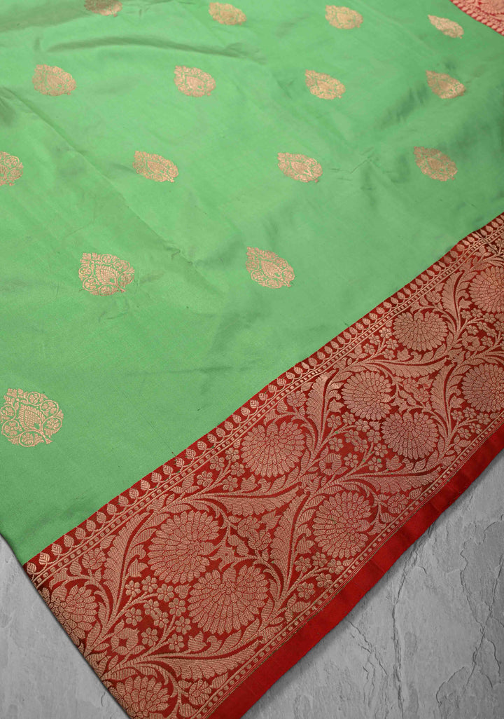 Mid Green Pure Banarasi Katan Silk Saree with Zari Buttas and Zari Border | SILK MARK CERTIFIED
