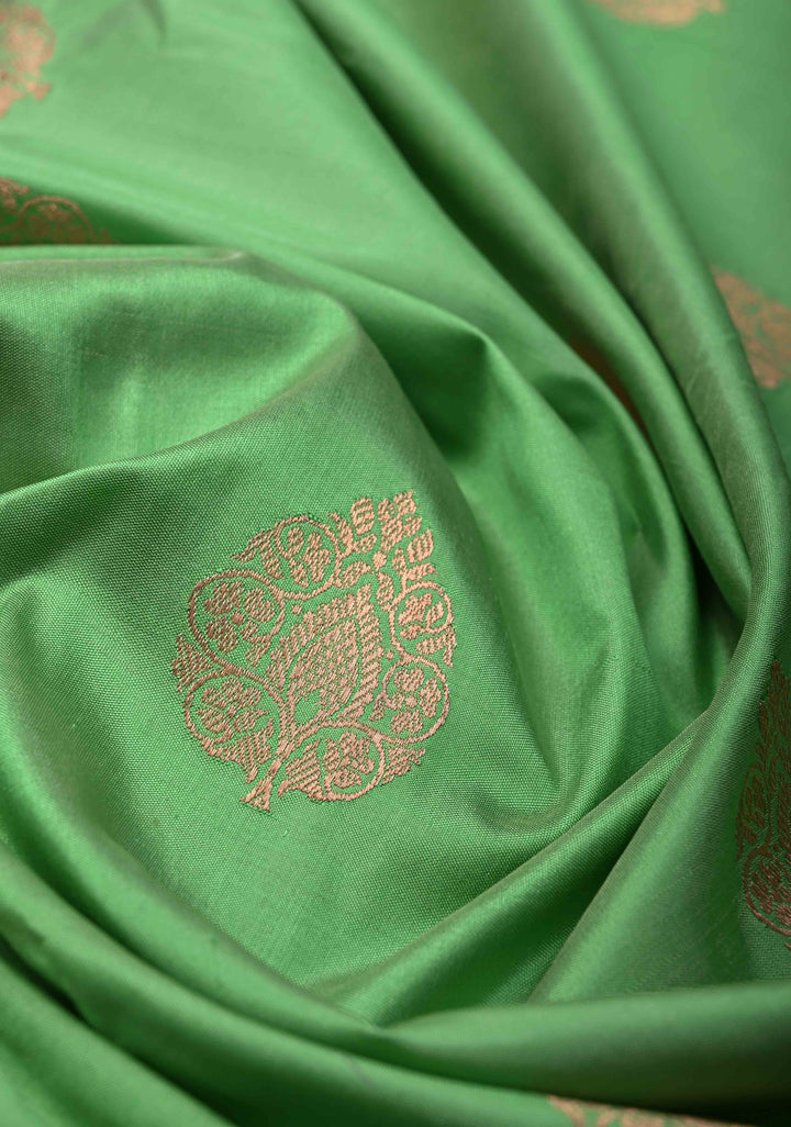 Mid Green Pure Banarasi Katan Silk Saree with Zari Buttas and Zari Border | SILK MARK CERTIFIED