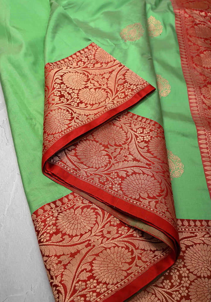 Mid Green Pure Banarasi Katan Silk Saree with Zari Buttas and Zari Border | SILK MARK CERTIFIED