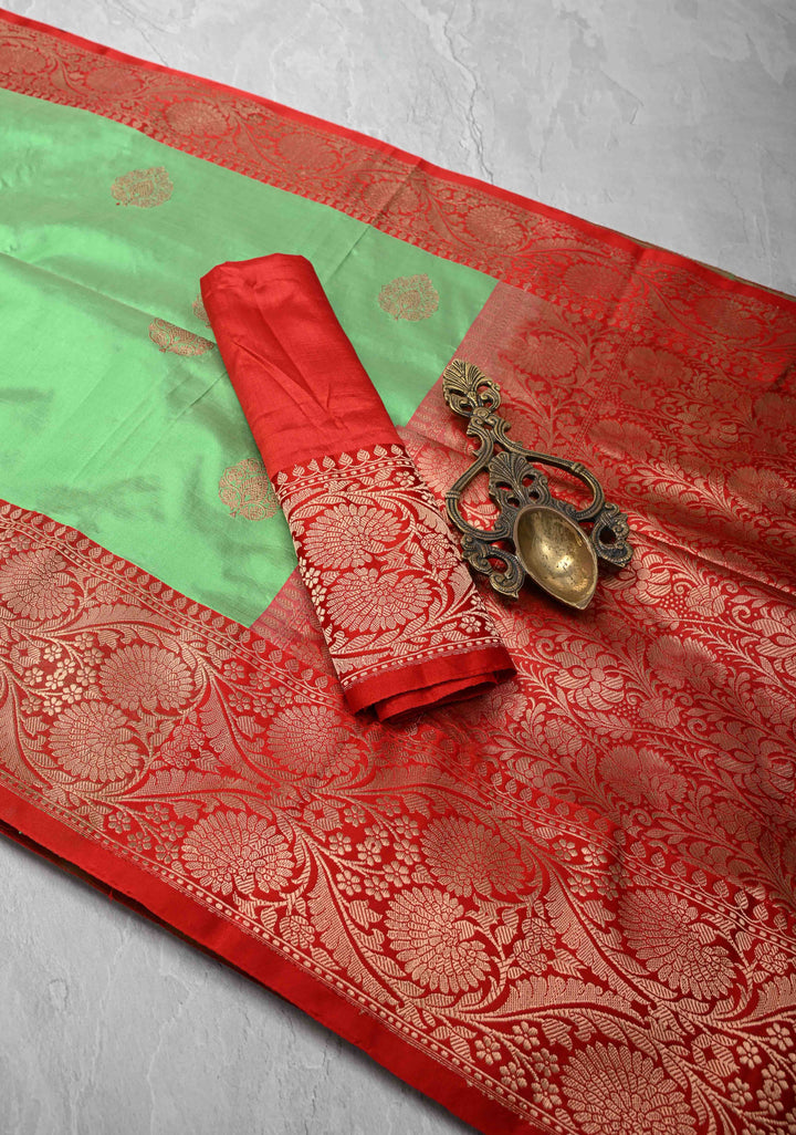 Mid Green Pure Banarasi Katan Silk Saree with Zari Buttas and Zari Border | SILK MARK CERTIFIED