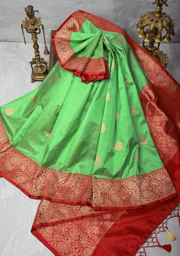 Mid Green Pure Banarasi Katan Silk Saree with Zari Buttas and Zari Border | SILK MARK CERTIFIED