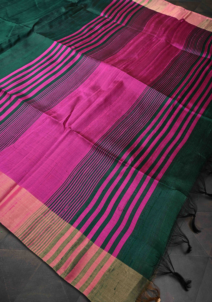 Dark Green Pure Raw Silk Saree with Gold Tissue Zari Border | SILK MARK CERTIFIED