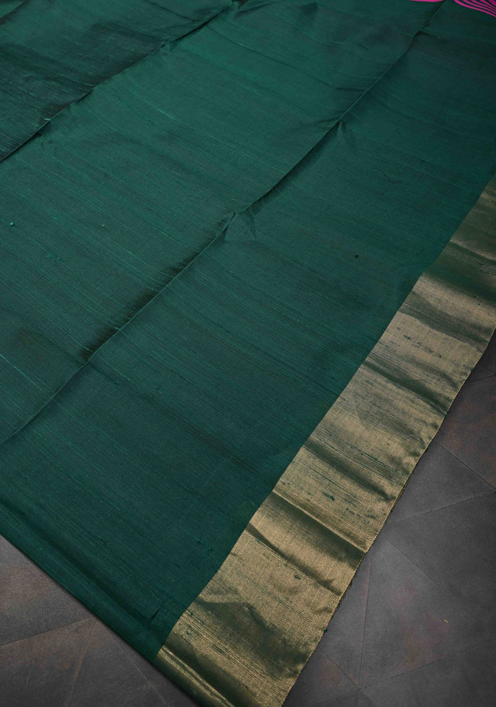 Dark Green Pure Raw Silk Saree with Gold Tissue Zari Border | SILK MARK CERTIFIED