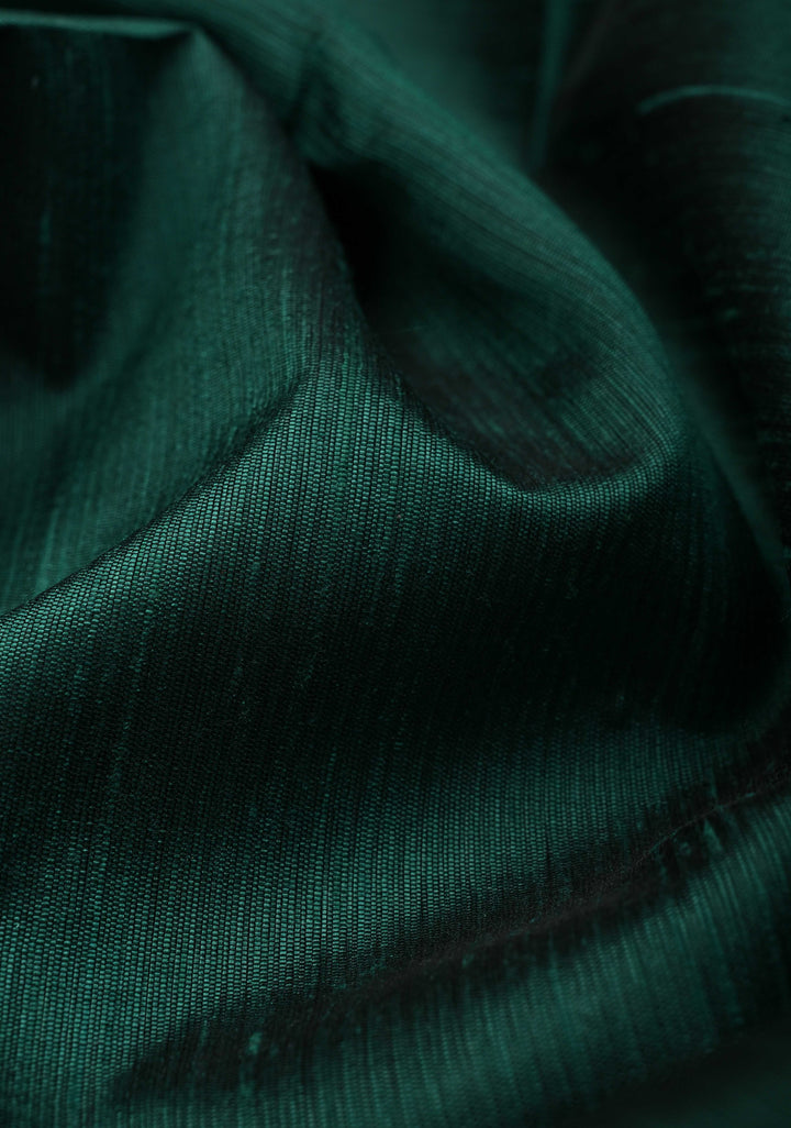 Dark Green Pure Raw Silk Saree with Gold Tissue Zari Border | SILK MARK CERTIFIED