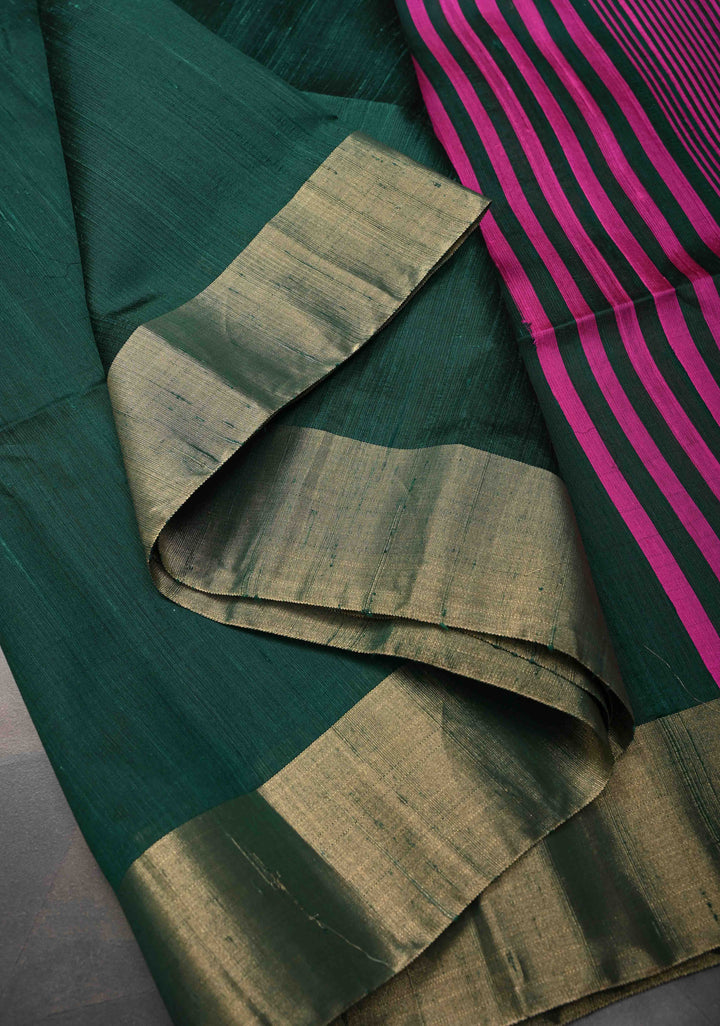 Dark Green Pure Raw Silk Saree with Gold Tissue Zari Border | SILK MARK CERTIFIED
