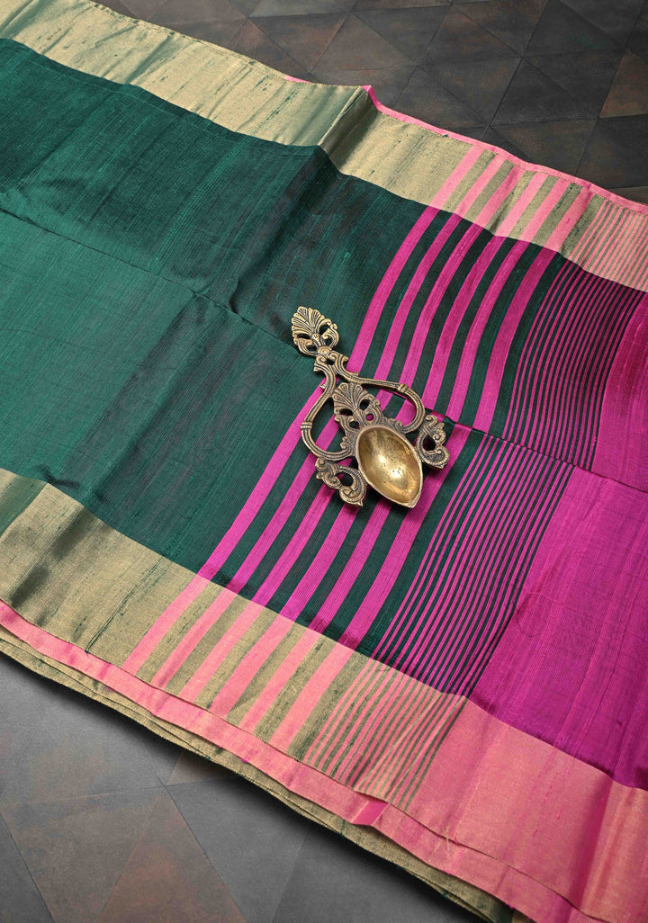 Dark Green Pure Raw Silk Saree with Gold Tissue Zari Border | SILK MARK CERTIFIED