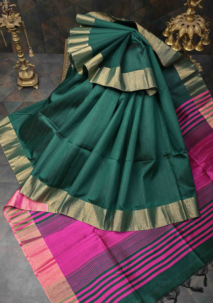 Dark Green Pure Raw Silk Saree with Gold Tissue Zari Border | SILK MARK CERTIFIED