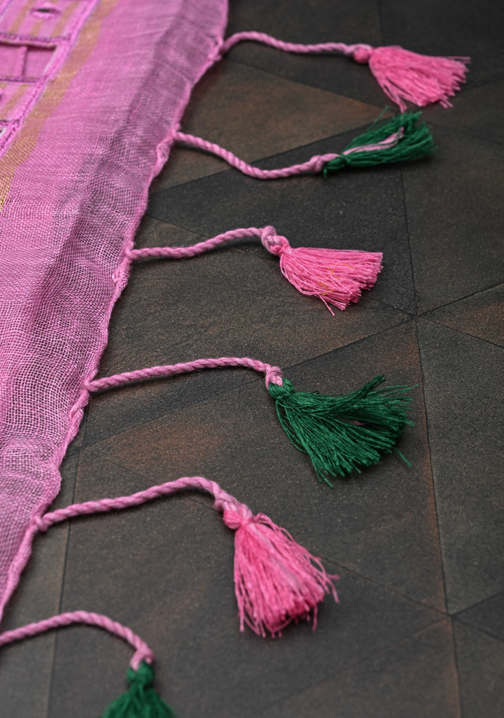 Jaali Pallu - Linen by Linen Cutwork and Mirrorwork Saree in Pink and Zari Border