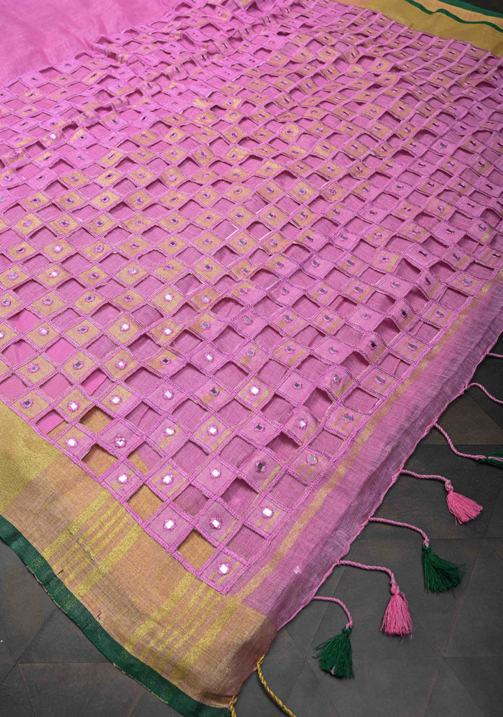 Jaali Pallu - Linen by Linen Cutwork and Mirrorwork Saree in Pink and Zari Border