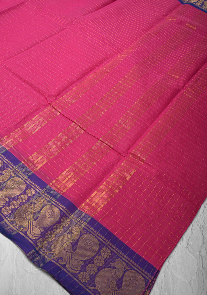 Pink Madurai Cotton Saree Zari Checks and Contrast Zari Borders, No Blouse Piece