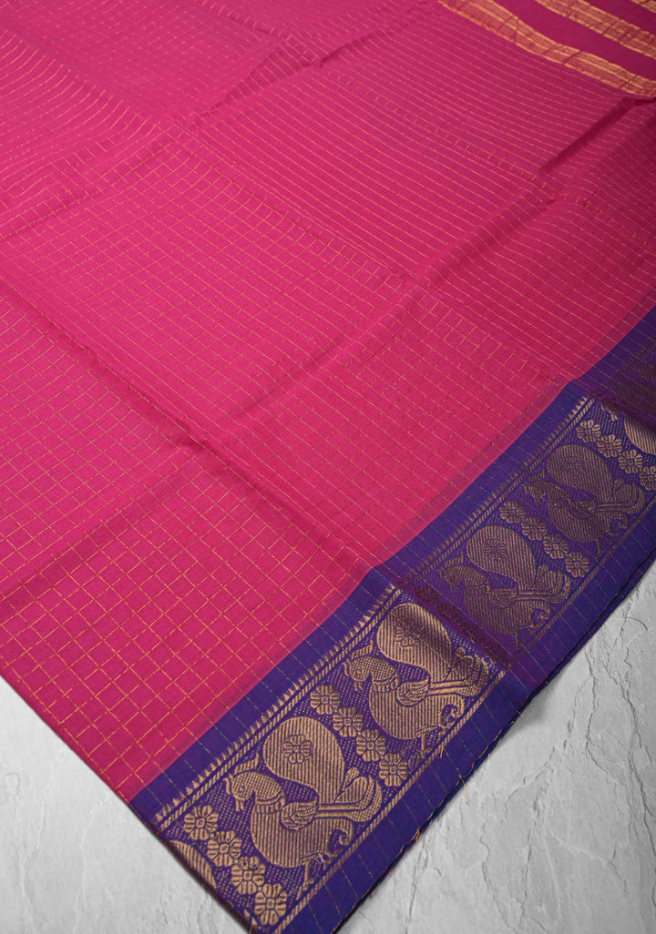 Pink Madurai Cotton Saree Zari Checks and Contrast Zari Borders, No Blouse Piece