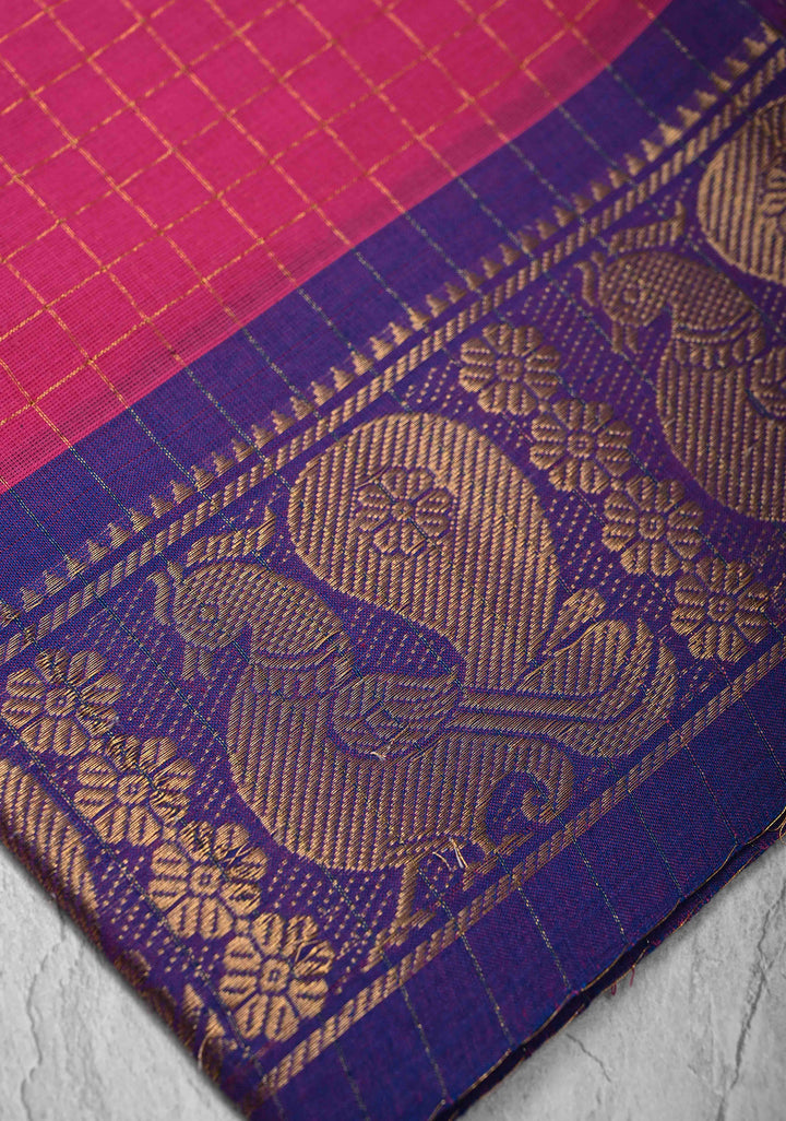 Pink Madurai Cotton Saree Zari Checks and Contrast Zari Borders, No Blouse Piece
