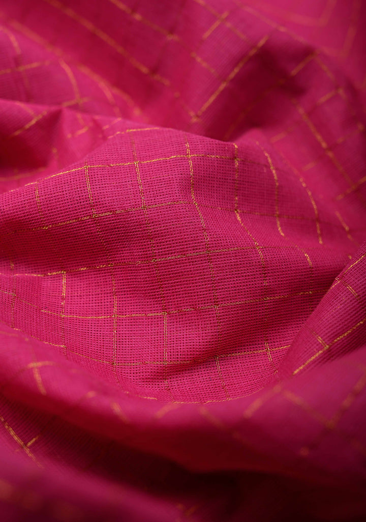 Pink Madurai Cotton Saree Zari Checks and Contrast Zari Borders, No Blouse Piece