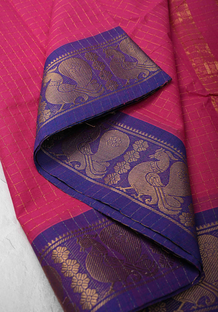 Pink Madurai Cotton Saree Zari Checks and Contrast Zari Borders, No Blouse Piece