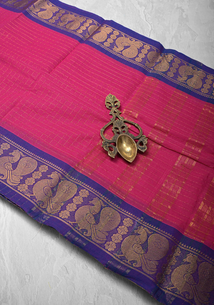 Pink Madurai Cotton Saree Zari Checks and Contrast Zari Borders, No Blouse Piece
