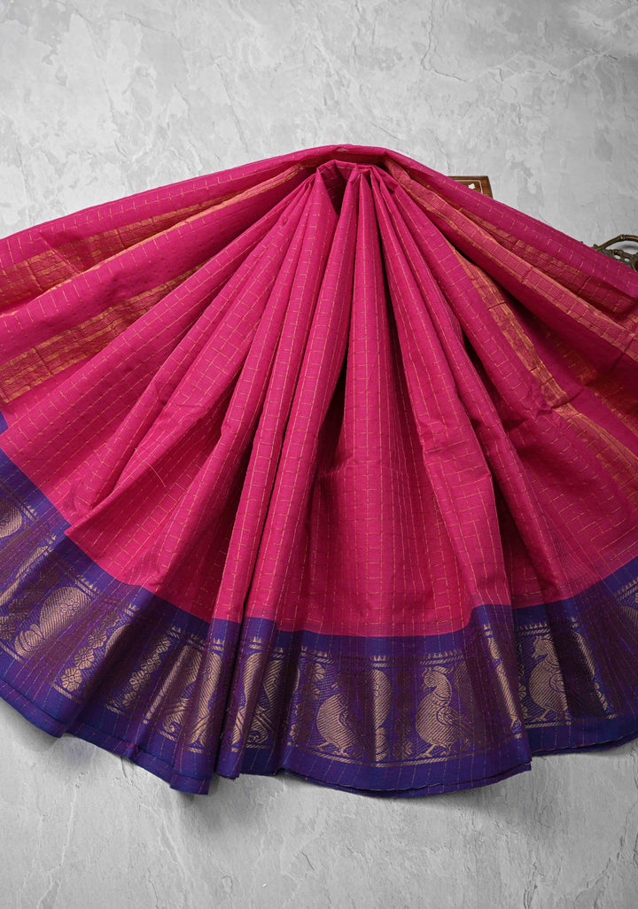 Pink Madurai Cotton Saree Zari Checks and Contrast Zari Borders, No Blouse Piece