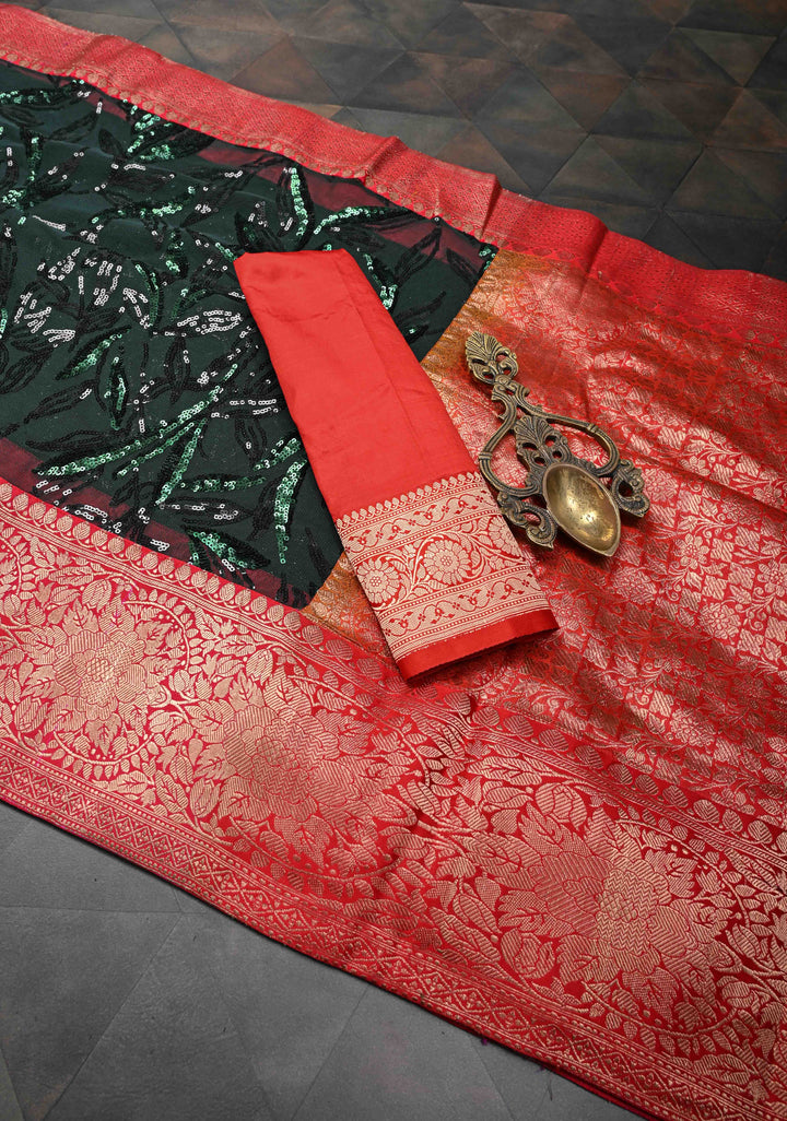 Deep Green tone on tone Sequin on Net Saree with Two Side Fusion Banarasi Border
