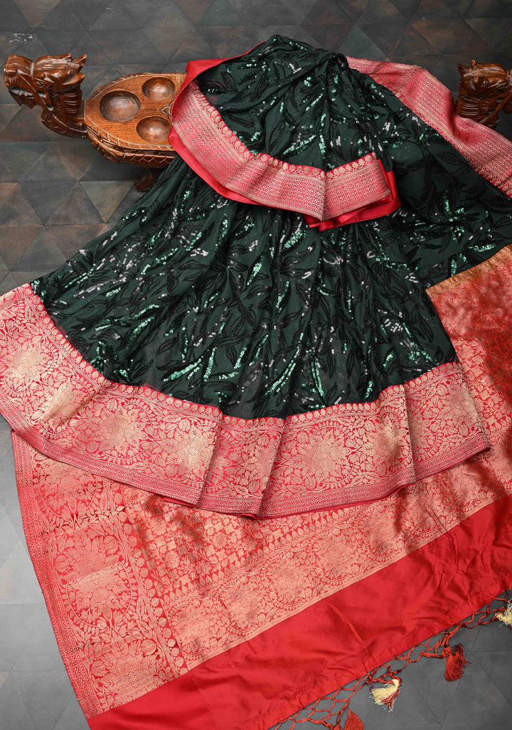 Deep Green tone on tone Sequin on Net Saree with Two Side Fusion Banarasi Border