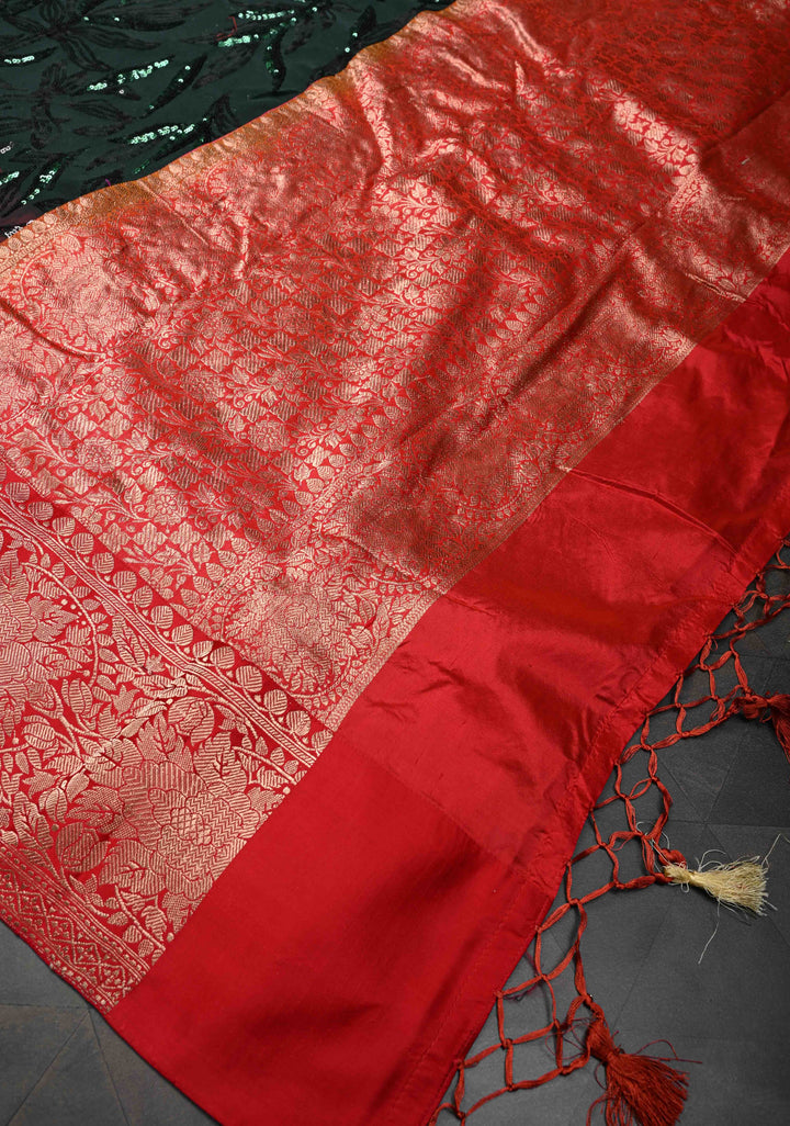 Deep Green tone on tone Sequin on Net Saree with Two Side Fusion Banarasi Border