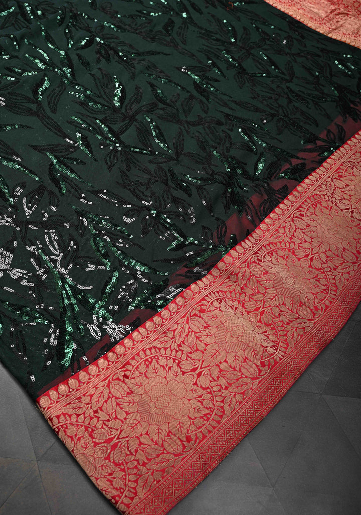 Deep Green tone on tone Sequin on Net Saree with Two Side Fusion Banarasi Border