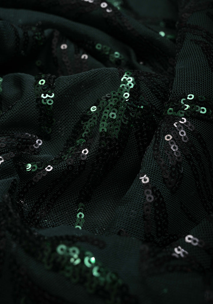 Deep Green tone on tone Sequin on Net Saree with Two Side Fusion Banarasi Border