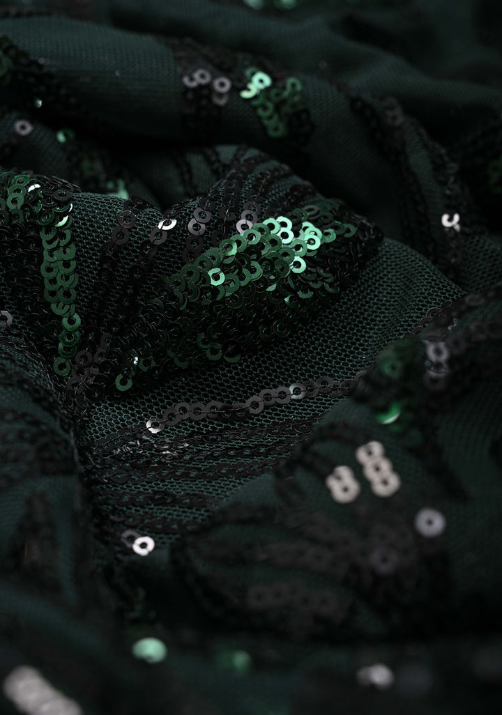 Deep Green tone on tone Sequin on Net Saree with Two Side Fusion Banarasi Border