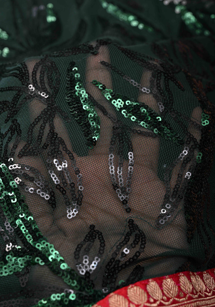 Deep Green tone on tone Sequin on Net Saree with Two Side Fusion Banarasi Border