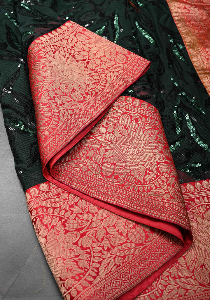Deep Green tone on tone Sequin on Net Saree with Two Side Fusion Banarasi Border