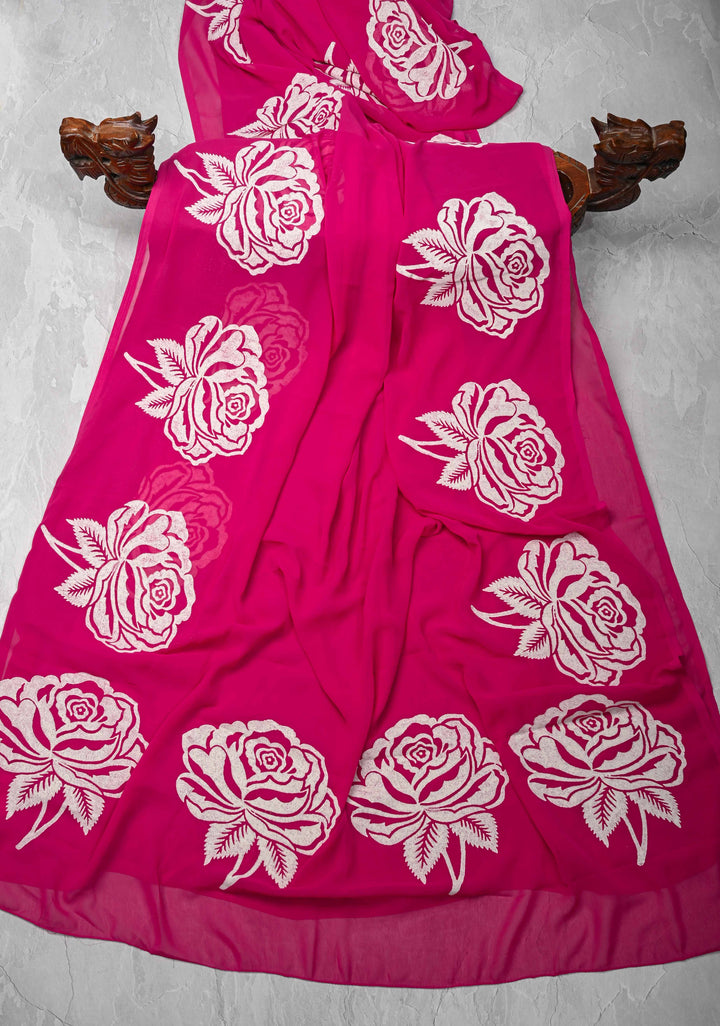 Rani Pink Georgette Saree with Rose Hand Block Print
